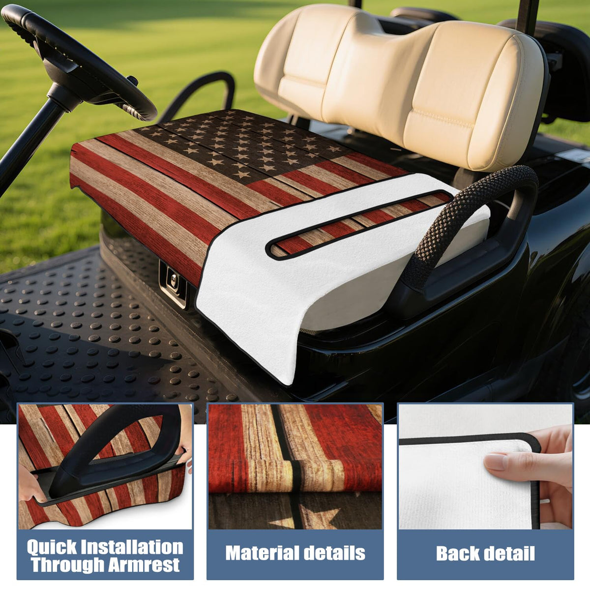 Syienasdk easy-install golf cart seat cover aligns with armrests for quick setup.