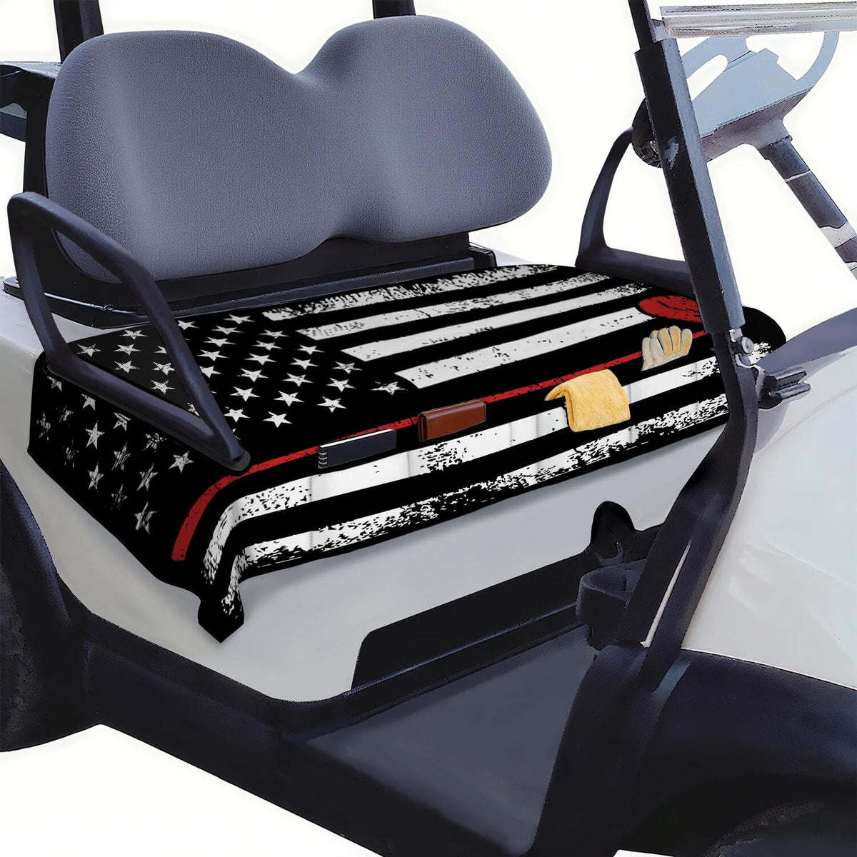 Syienasdk golf cart seat cover with American flag blanket for outdoor comfort.