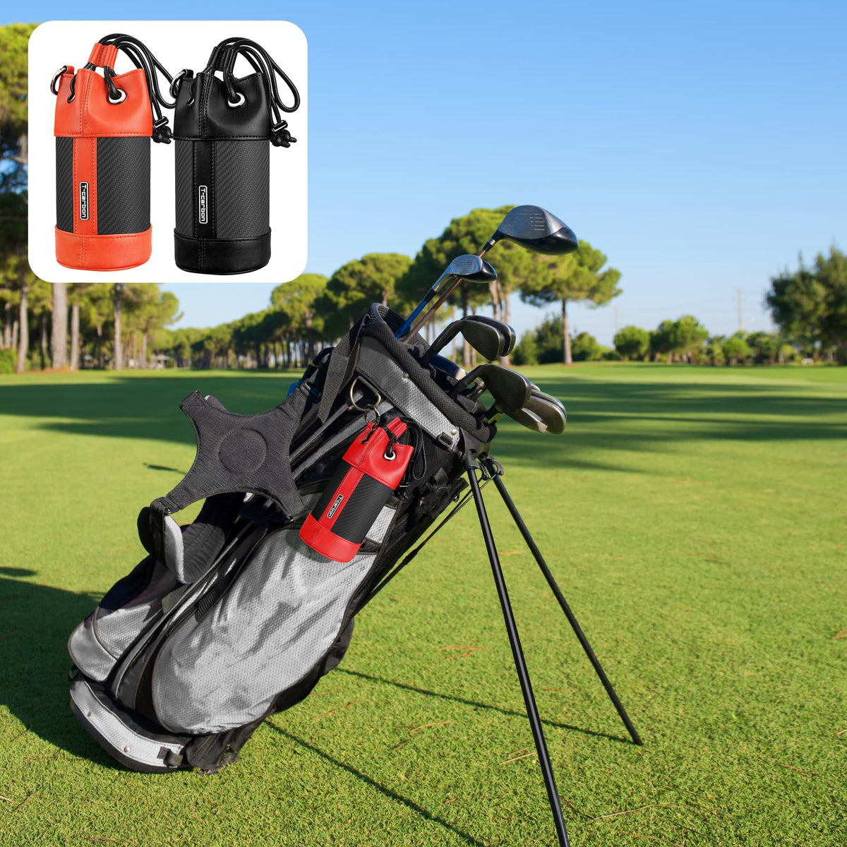 T-carbon clip-ready design shown on a bag highlights easy on-bag attachment.