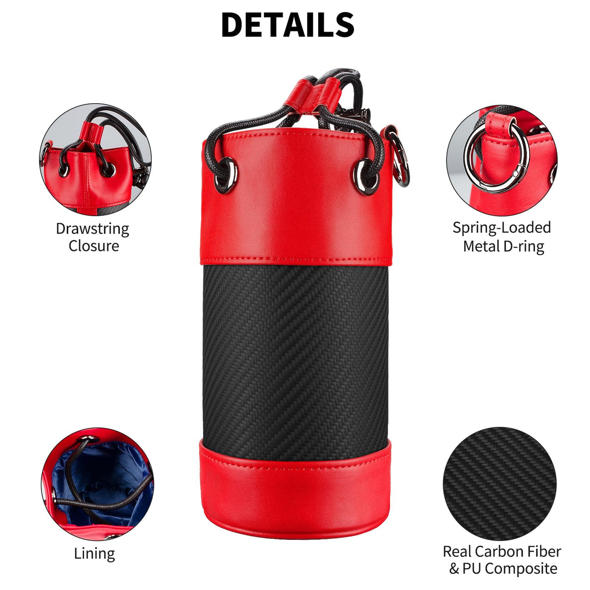 T-carbon bucket drawstring closure demonstrates quick access to balls and small tools.