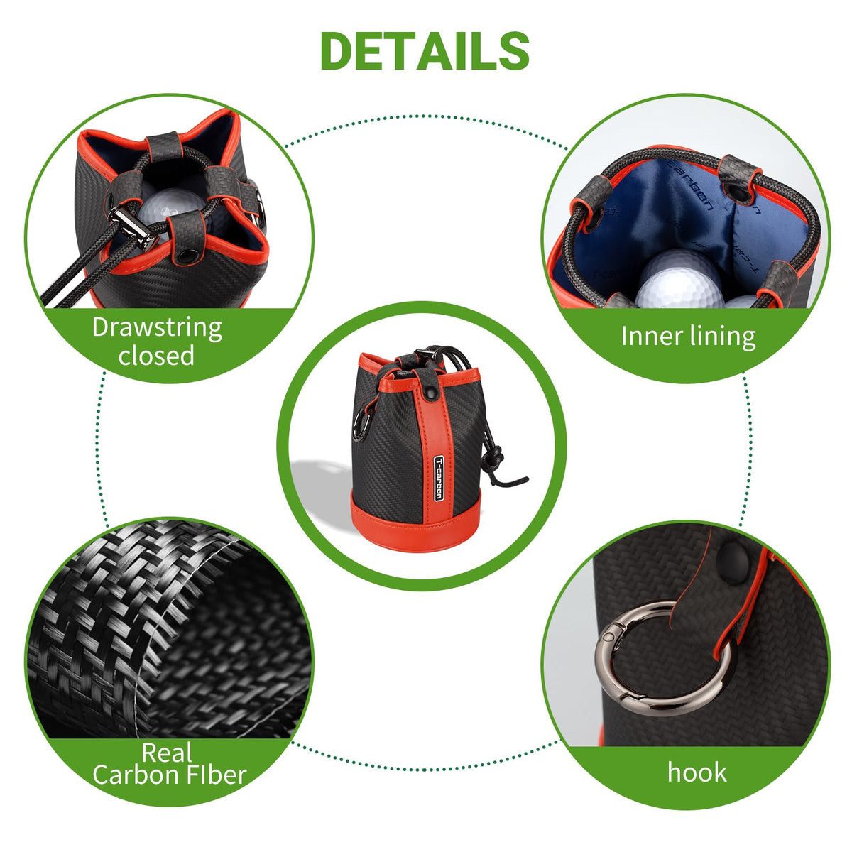 T-carbon carbon fiber and leather pouch material for lightweight durability on the course.