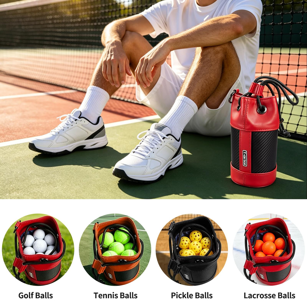 T-carbon compact ball holder size 4.1 by 7.8 inches suits golf, pickleball, and tennis essentials.