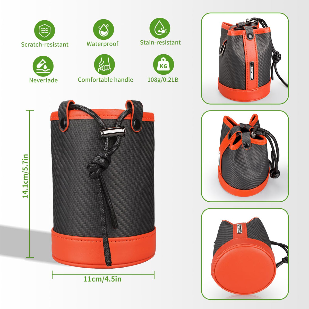 T-carbon golf pouch offers spacious interior for tees, balls, and markers during rounds.