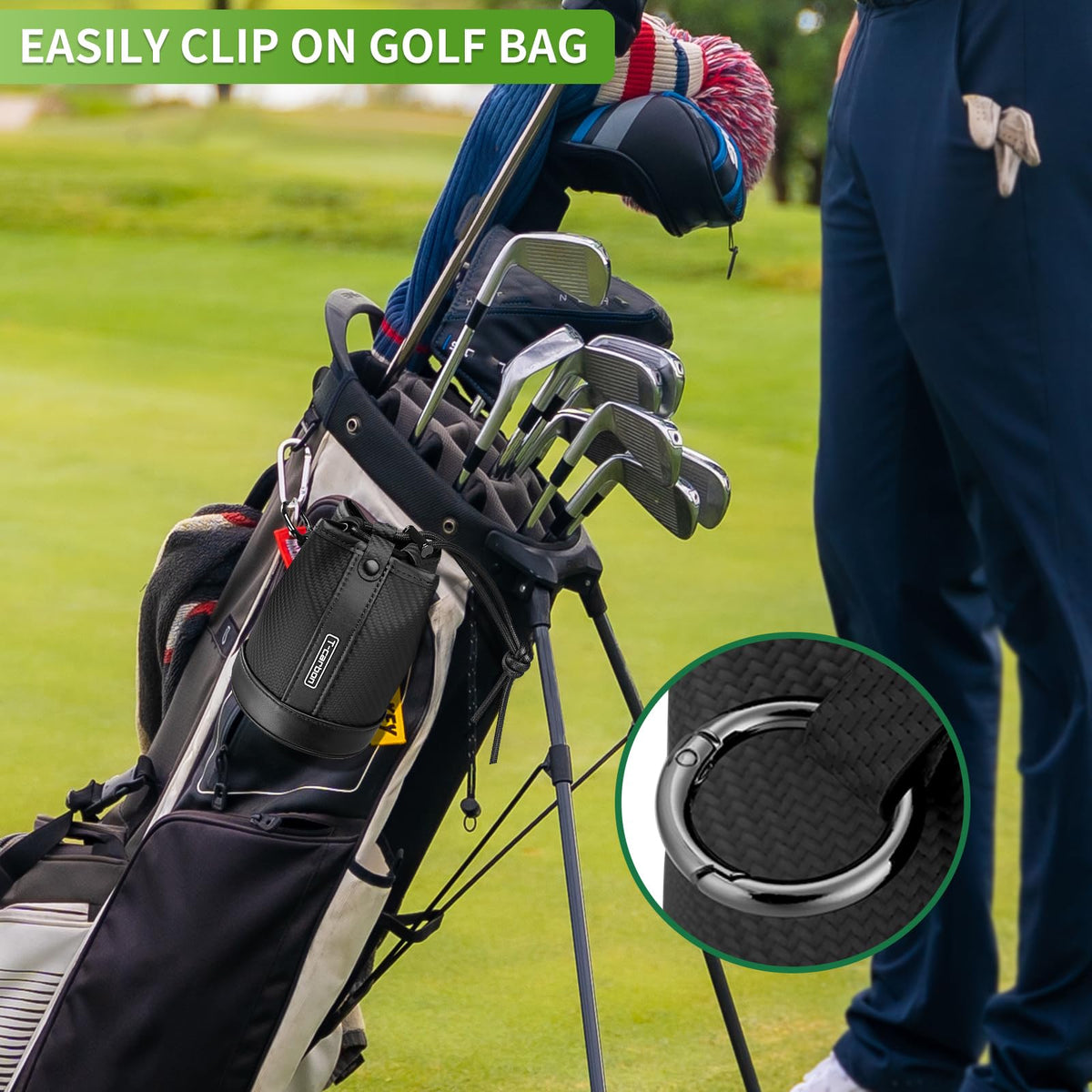 Clip attachment on the T-carbon pouch showcasing versatile carry options.