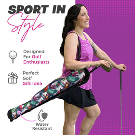 Taboo Fashions lightweight women's golf bag ready for easy transport and quick setup.