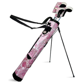Taboo Fashions Sunday golf bag in pink mandala with stand for easy on-course setup