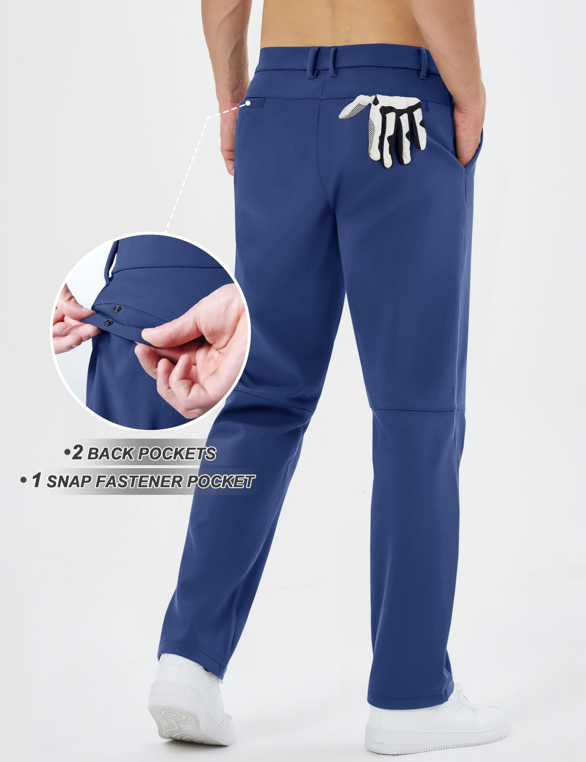 TACVASEN blue cold weather golf pants side swing view highlighting mobility.