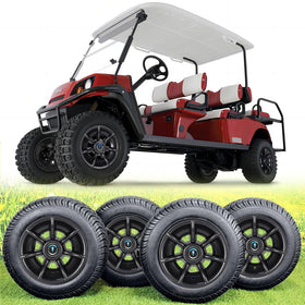 TakeLook 10-inch carbon fiber hub caps on a golf cart wheel for enhanced style.