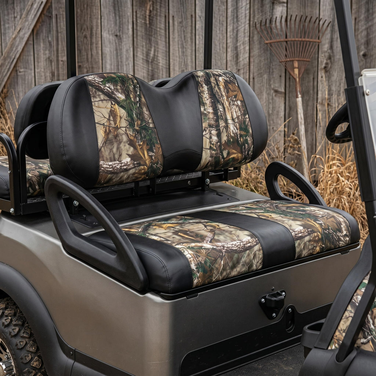 TakLook camo golf cart seat cover in 600D fabric protects against sun and wear.