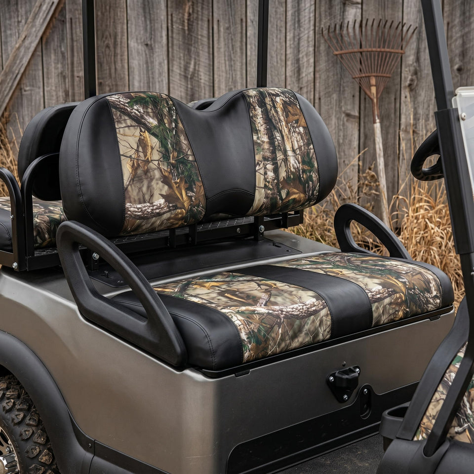 TakLook camo golf cart seat cover in 600D fabric protects against sun and wear.