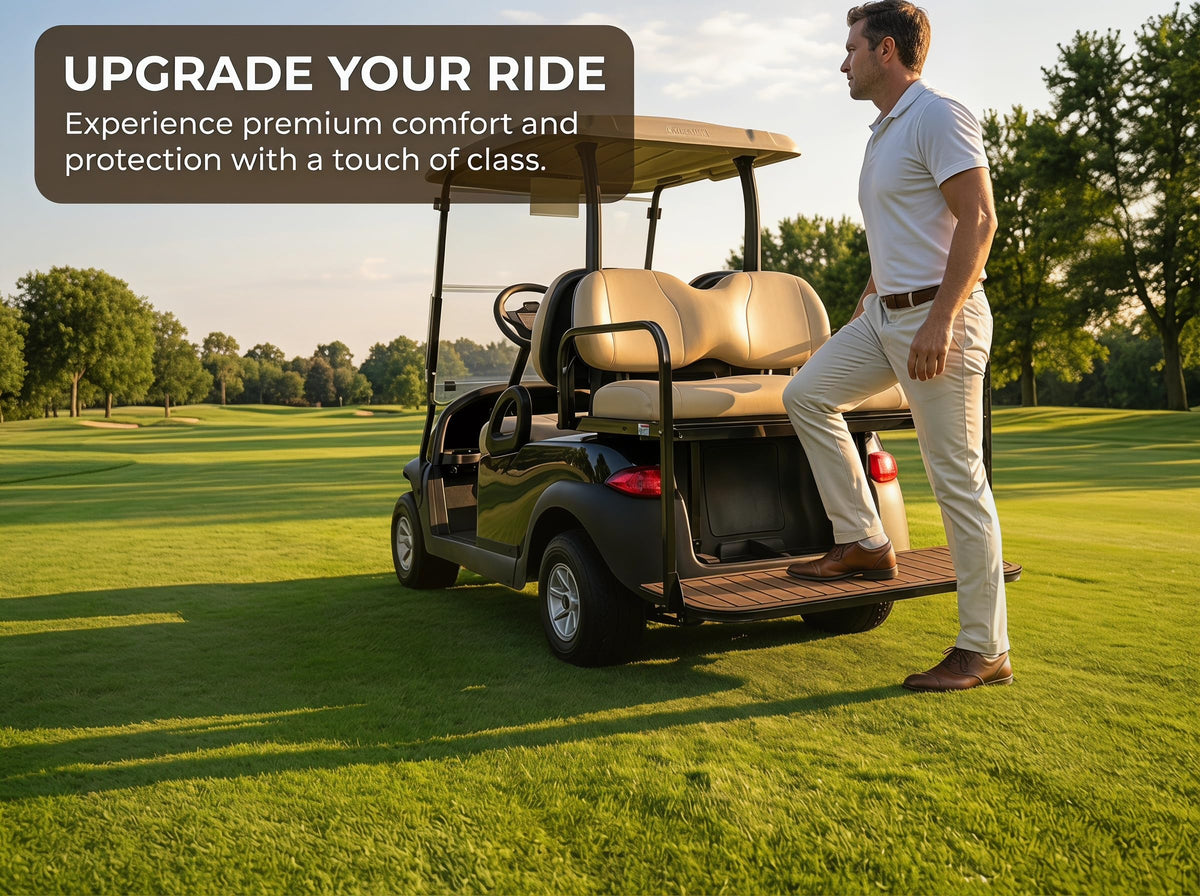 TakeLook golf cart rear seat mat with adhesive back for quick, secure installation.