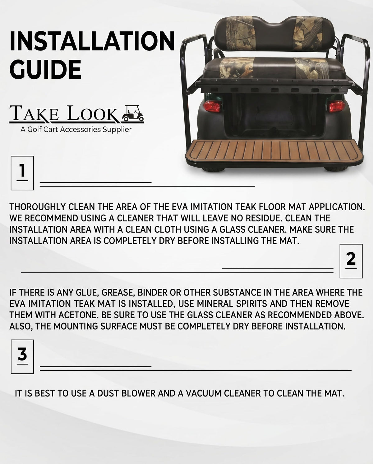 TakeLook DIY installation for golf cart rear seat mat is straightforward.