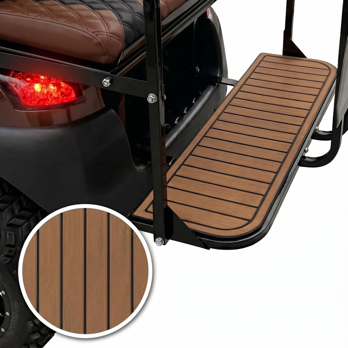 TakeLook faux teak mat is easy to clean after use on the cart floor.