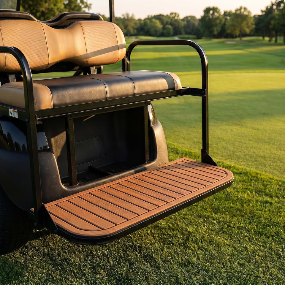TakeLook EVA faux teak surface mat for golf carts improves grip in wet conditions.