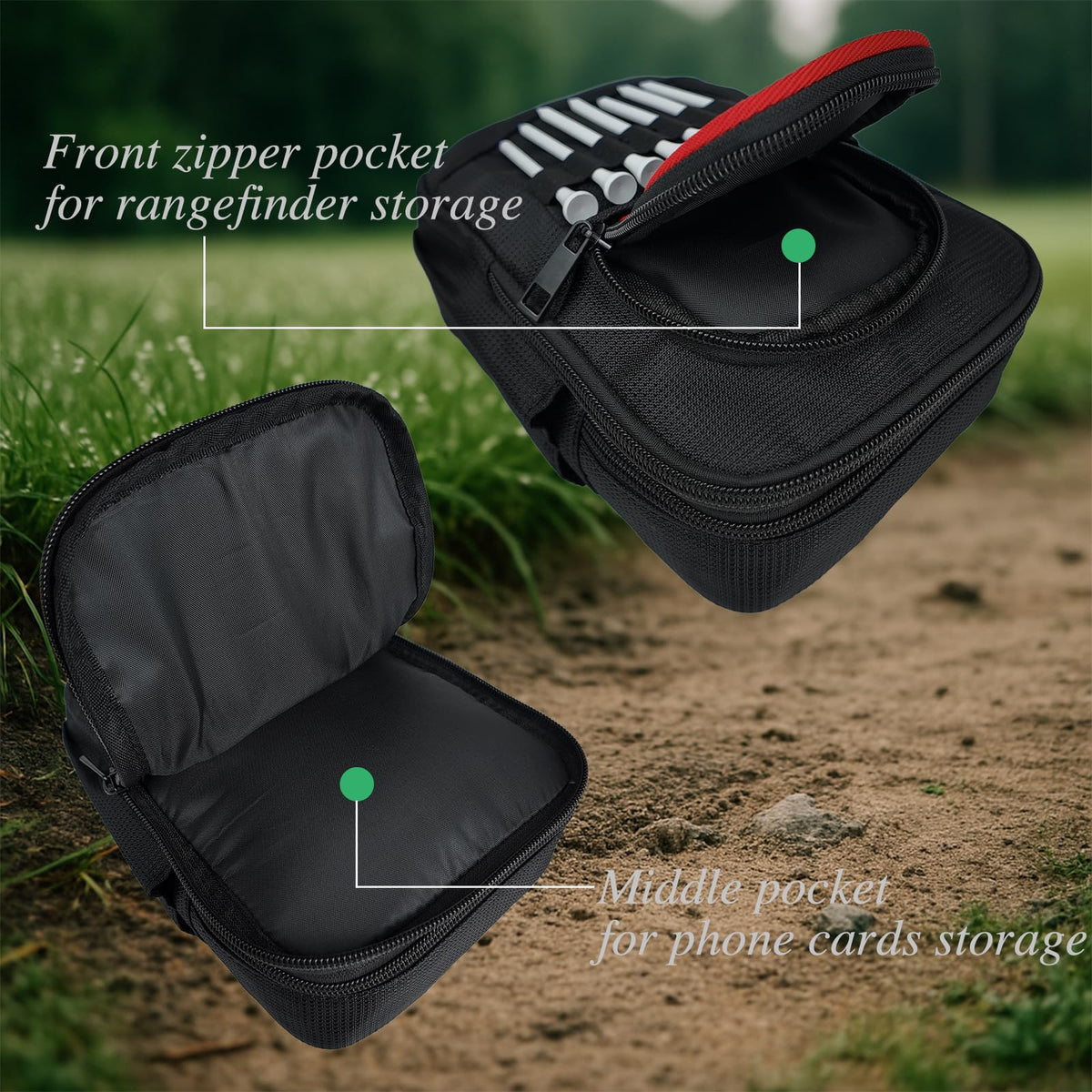 TAKUMUSU Golf Valuables Pouch attaches securely to bag with the clip.