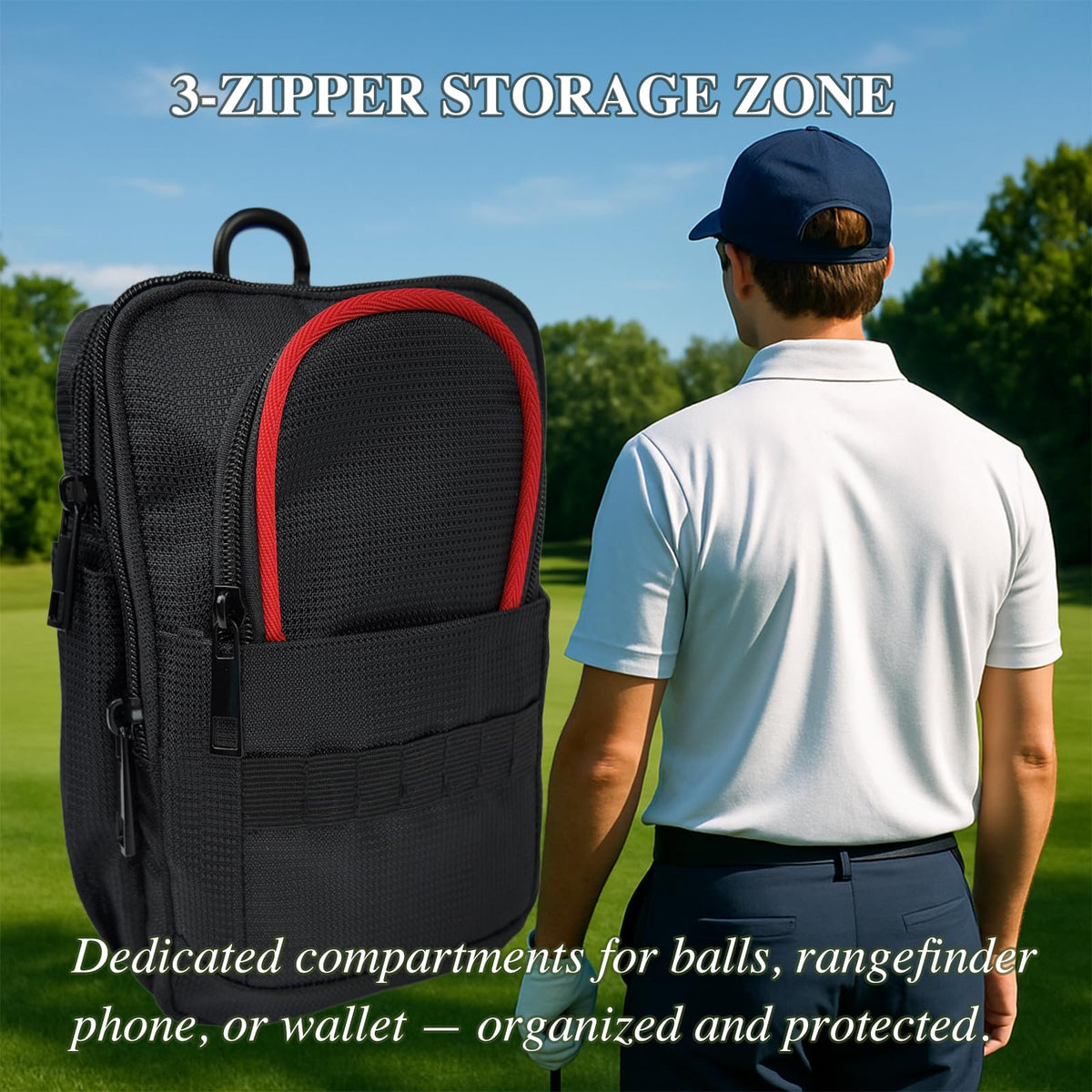 TAKUMUSU Golf Valuables Pouch has three zip compartments to organize gear.