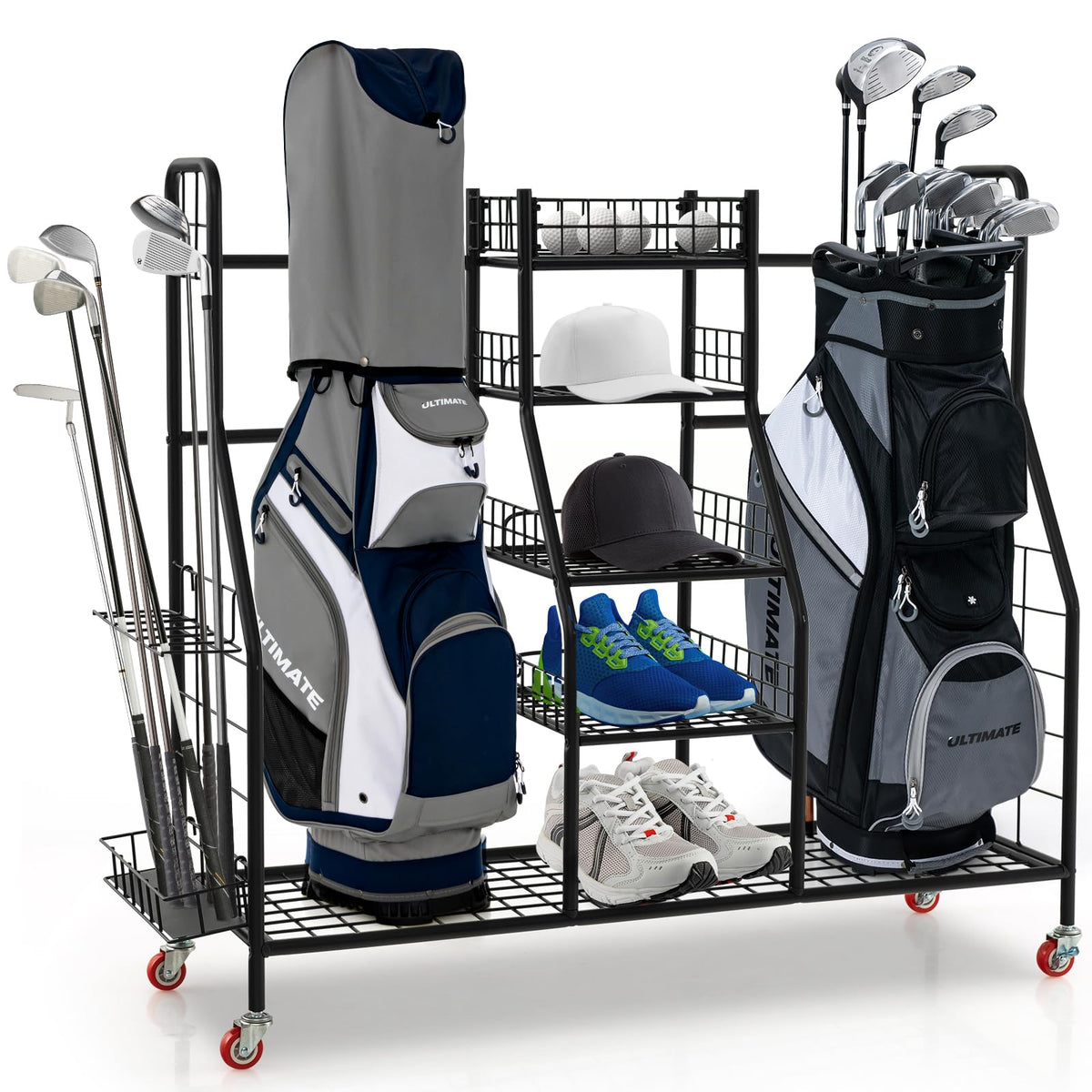 Tangkula golf bag storage rack front view showing two bags organized for quick access