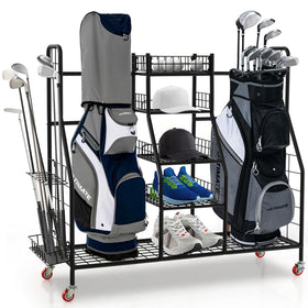 Tangkula golf bag storage rack front view showing two bags organized for quick access