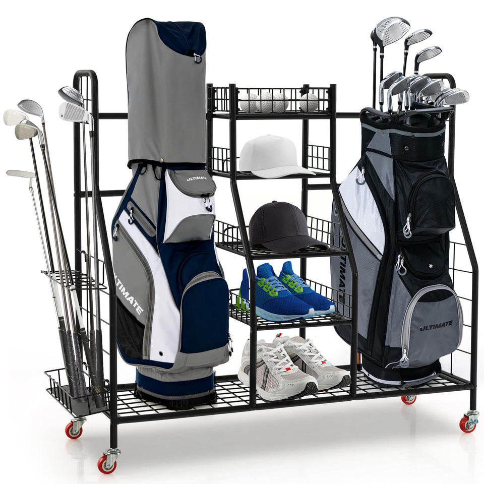 Tangkula golf bag storage rack front view showing two bags organized for quick access