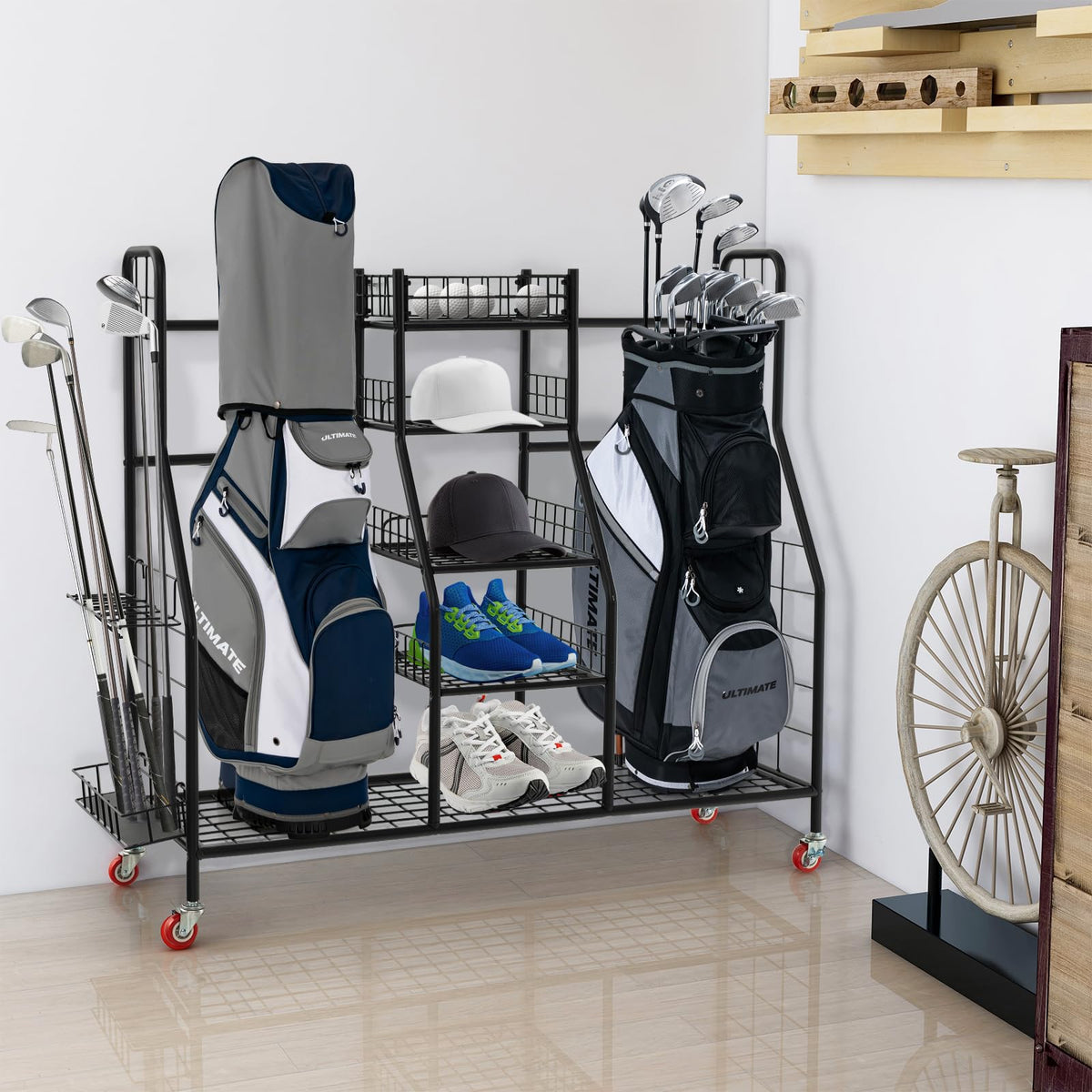 Tangkula golf bag storage rack side view highlighting compact footprint and sturdy build