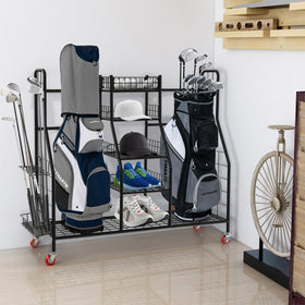 Tangkula golf bag storage rack side view highlighting compact footprint and sturdy build