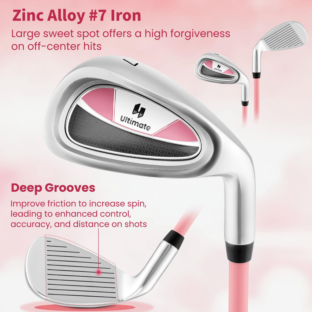 Tangkula Junior 7-iron pink shaft enhances lightweight feel and smooth swing control.
