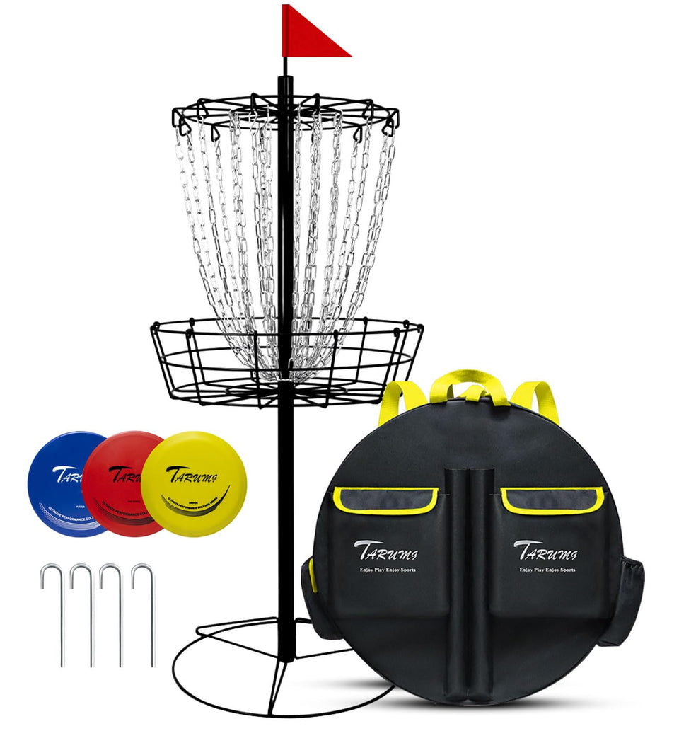 TARUMG disc golf basket with 24 chains for stable practice sessions.