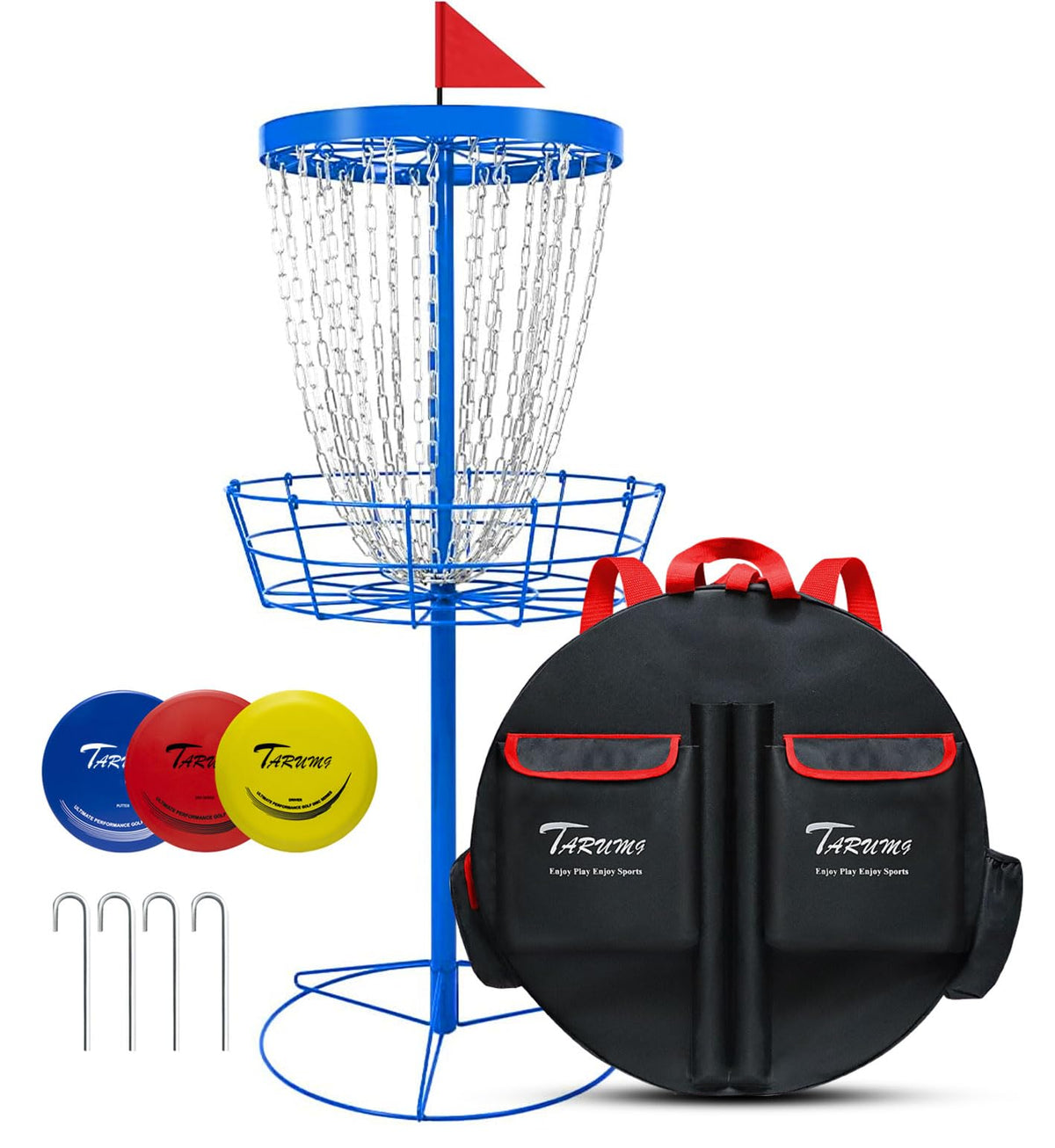 TARUMG disc golf basket assembled with sturdy 24-chain system for reliable practice