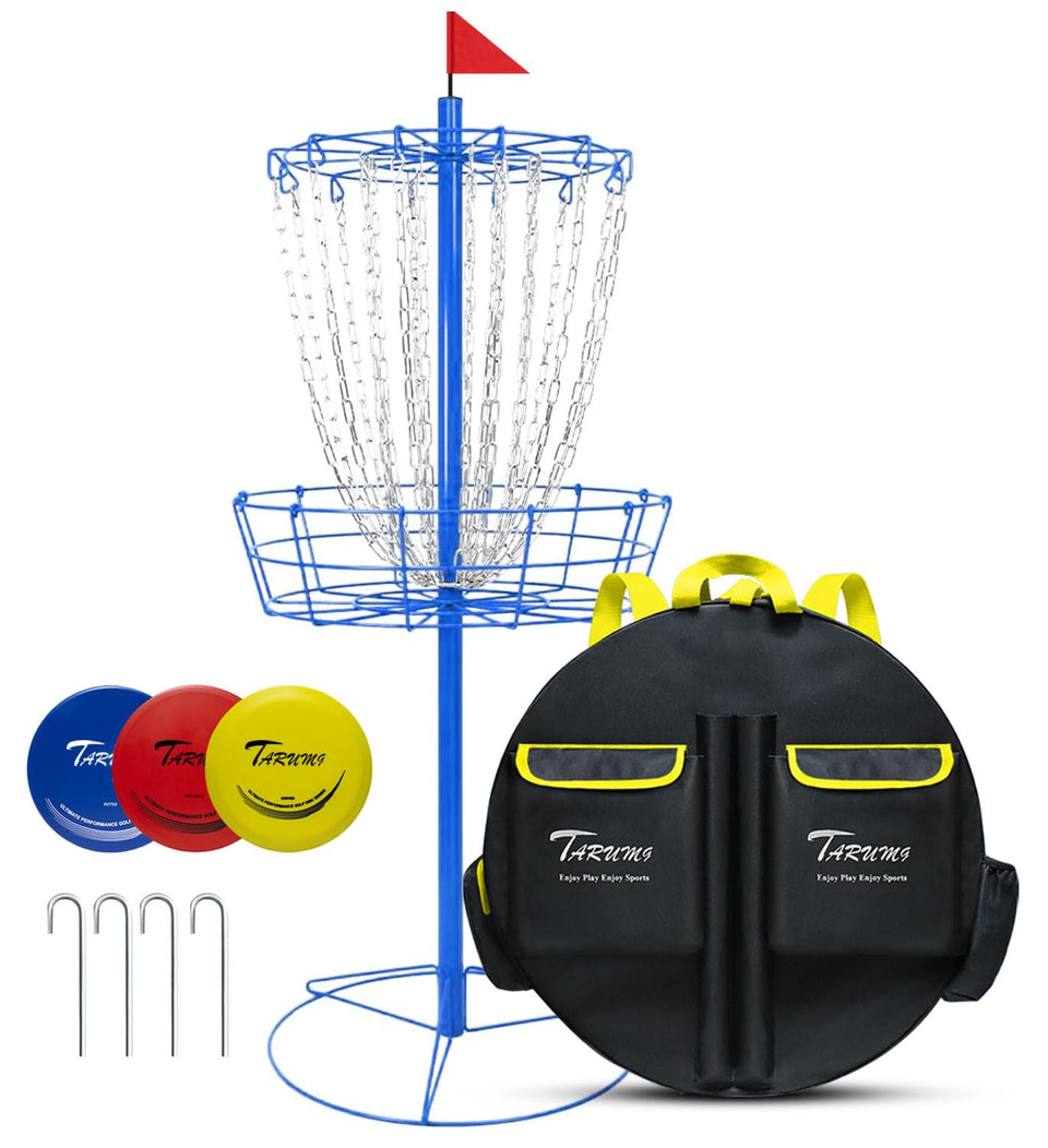 TARUMG disc golf basket in assembly setup for quick practice.
