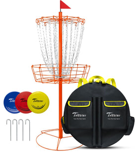 Tarumg disc golf basket assembly ready for quick practice sessions.