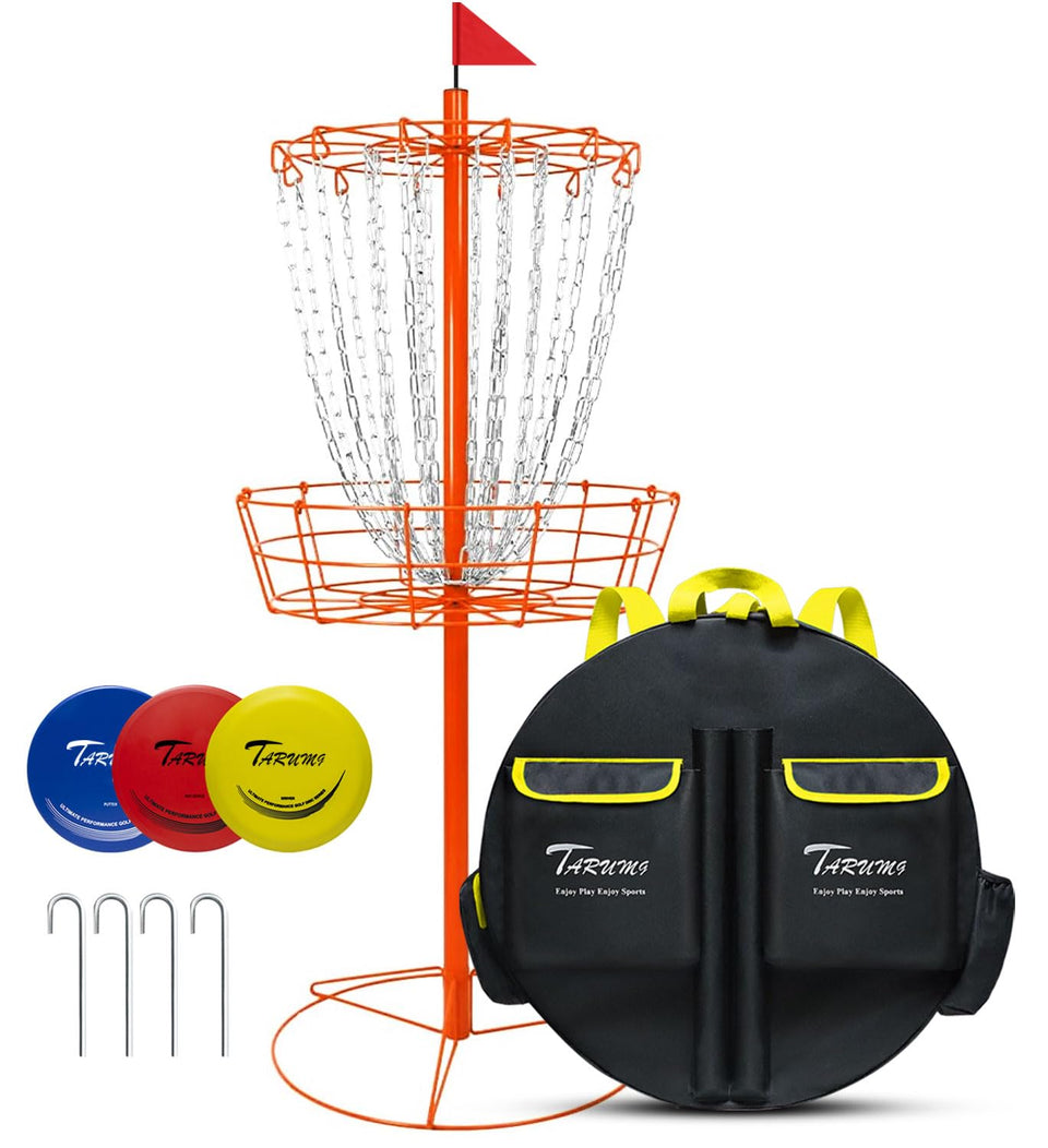 Tarumg disc golf basket assembly ready for quick practice sessions.
