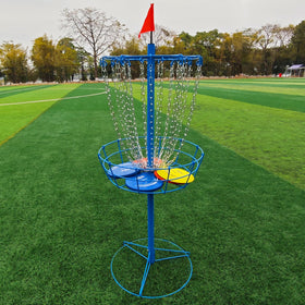 Tarumg disc golf basket components ready for quick assembly outdoors