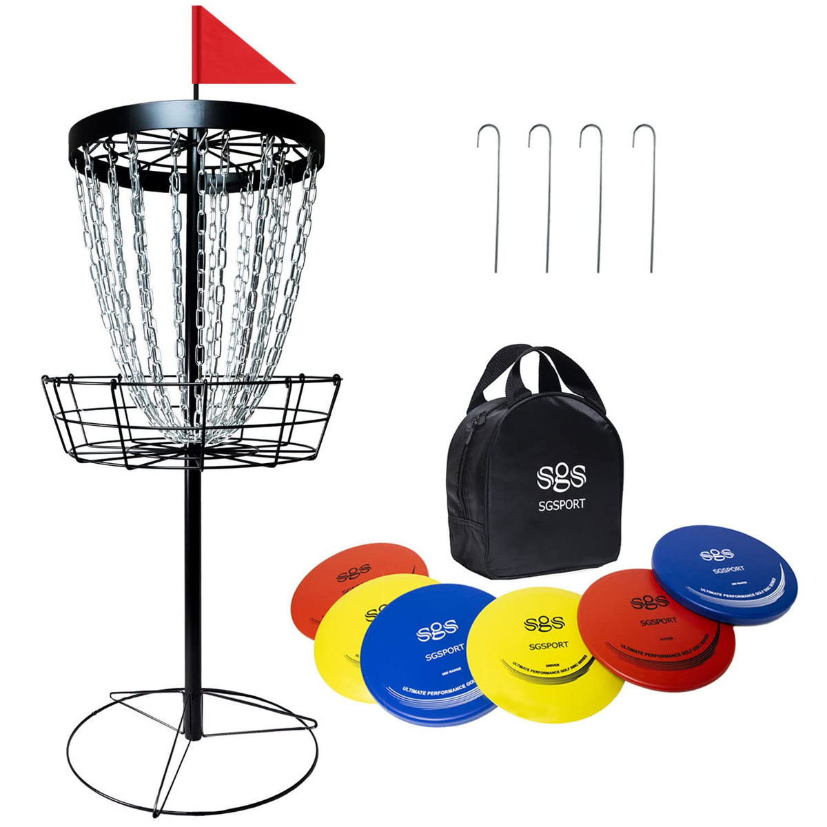 Tarumg SGSport disc golf basket on a sturdy stand for outdoor practice.