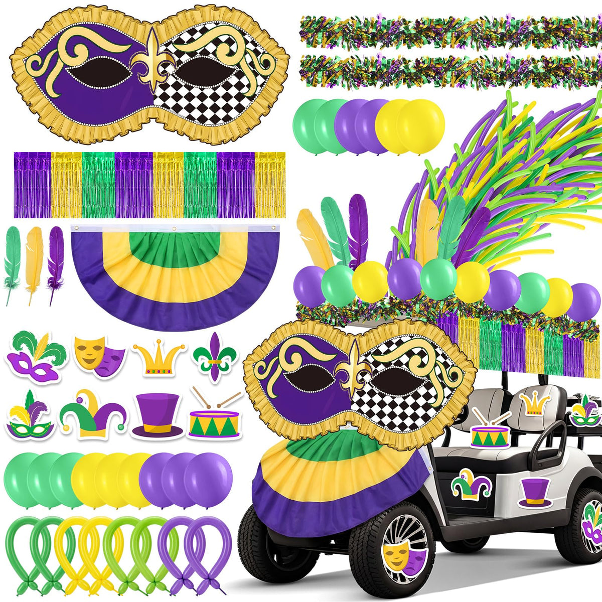 Tasdurian carnival mask banner on golf cart for outdoor Mardi Gras decor