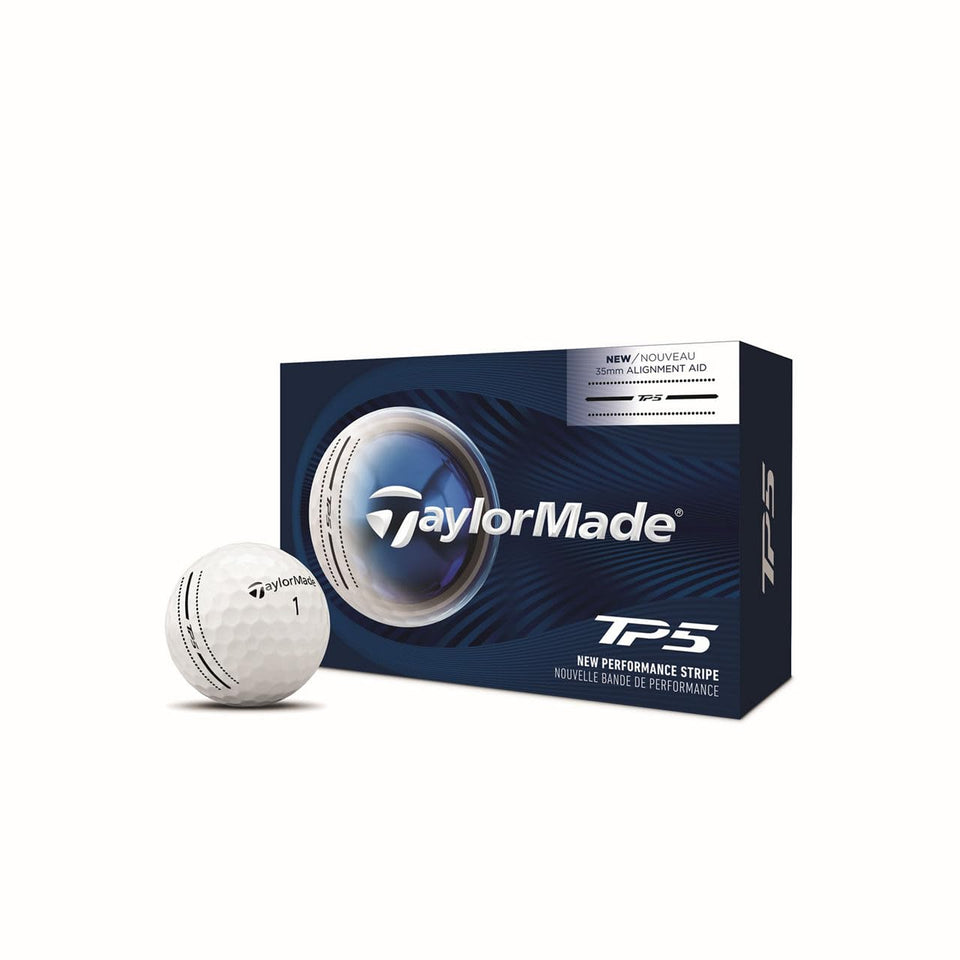 TaylorMade TP5 Performance Stripe 6-ball pack front view highlights alignment stamp for precise aiming