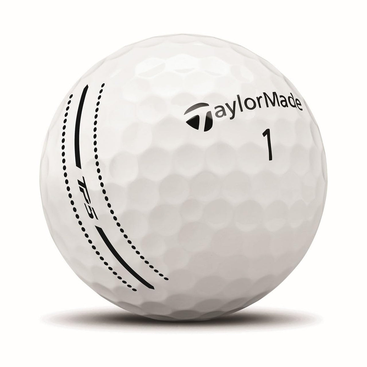TaylorMade TP5 Performance Stripe 6-ball pack side view emphasizes stable dimple design for consistent flights