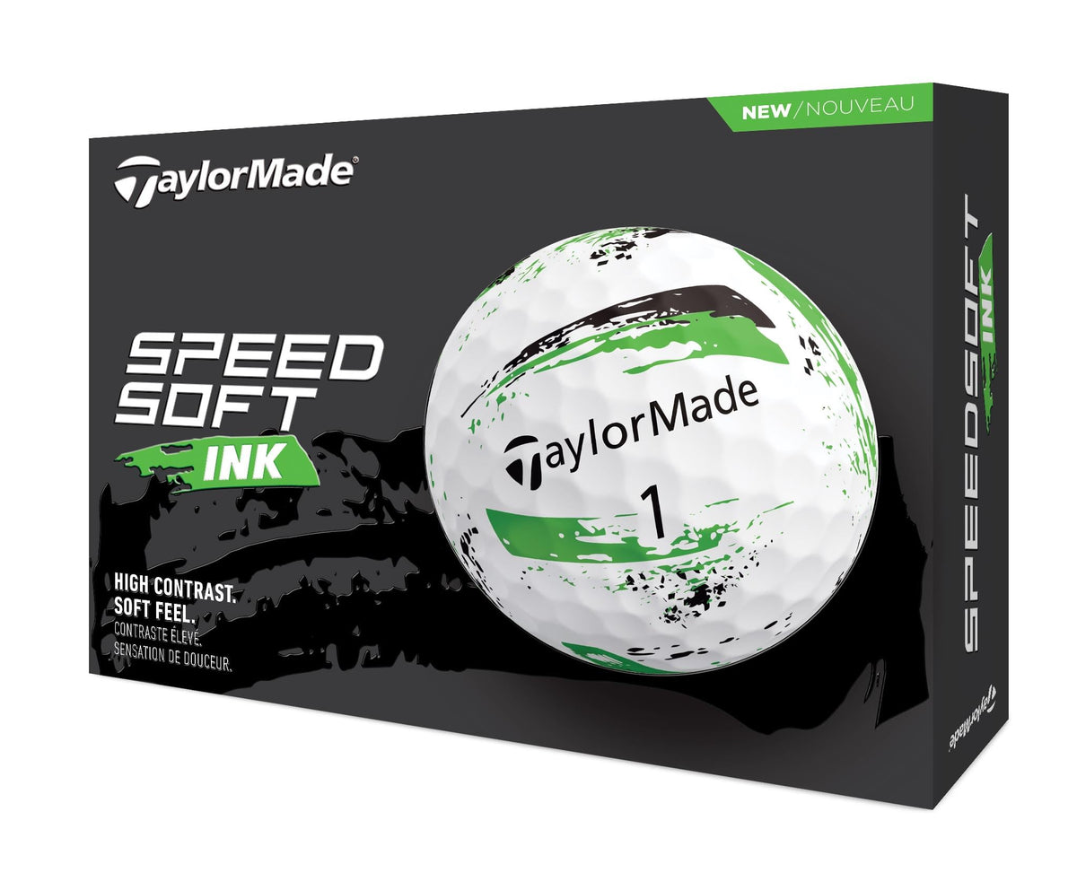 TaylorMade Ink graphics green golf balls showcased for easy tracking on greens