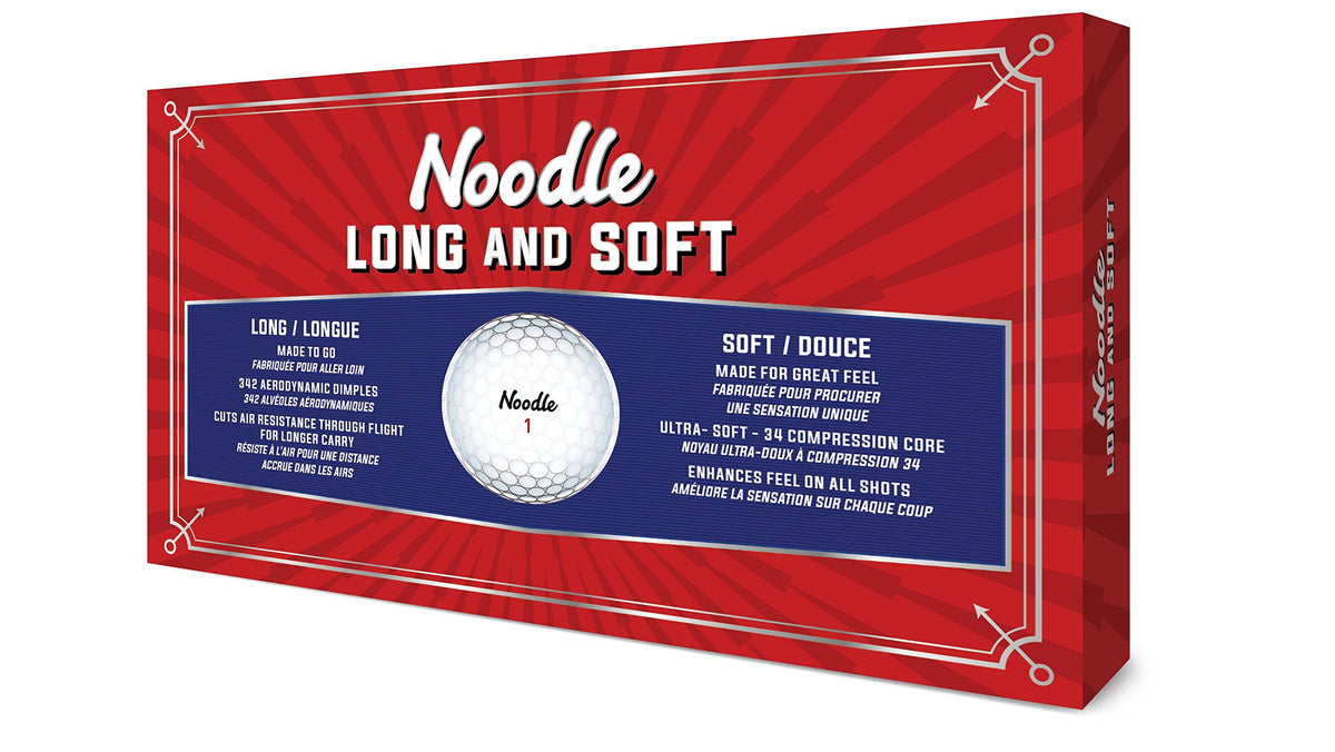 TaylorMade Noodle Long & Soft ball closeup shows core and dimple design for straighter flight.