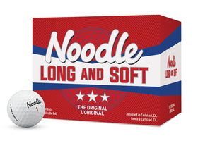 TaylorMade Noodle Long & Soft ball close-up highlighting 342-dimple cover for distance and feel.