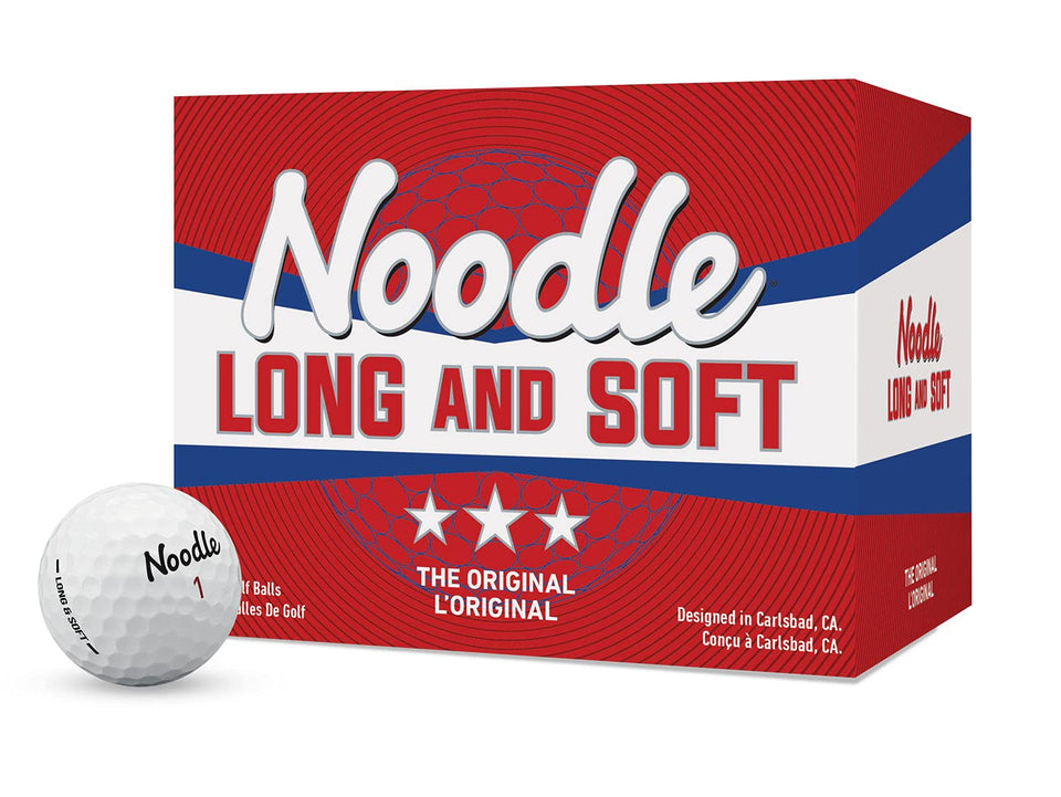TaylorMade Noodle Long & Soft ball close-up highlighting 342-dimple cover for distance and feel.