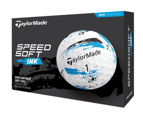 TaylorMade SPEEDSOFT Ink blue golf ball packaging communicates color and value for recreational play.