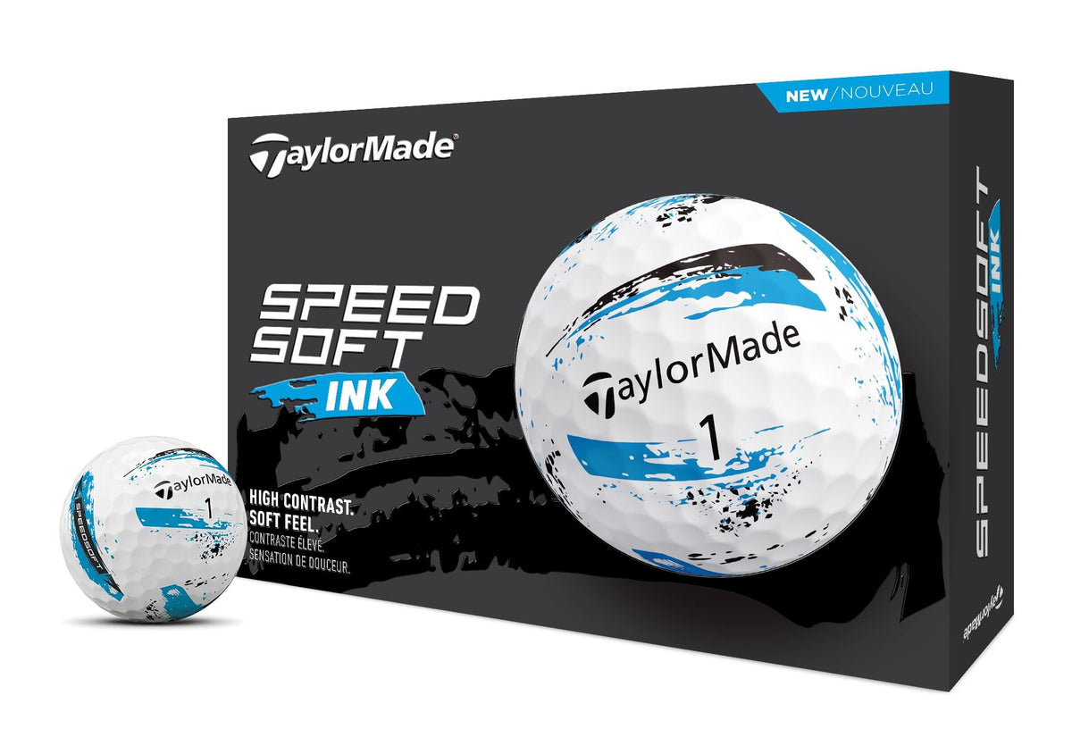 TaylorMade SPEEDSOFT Ink blue paint-splatter ball for standout visibility on the course.