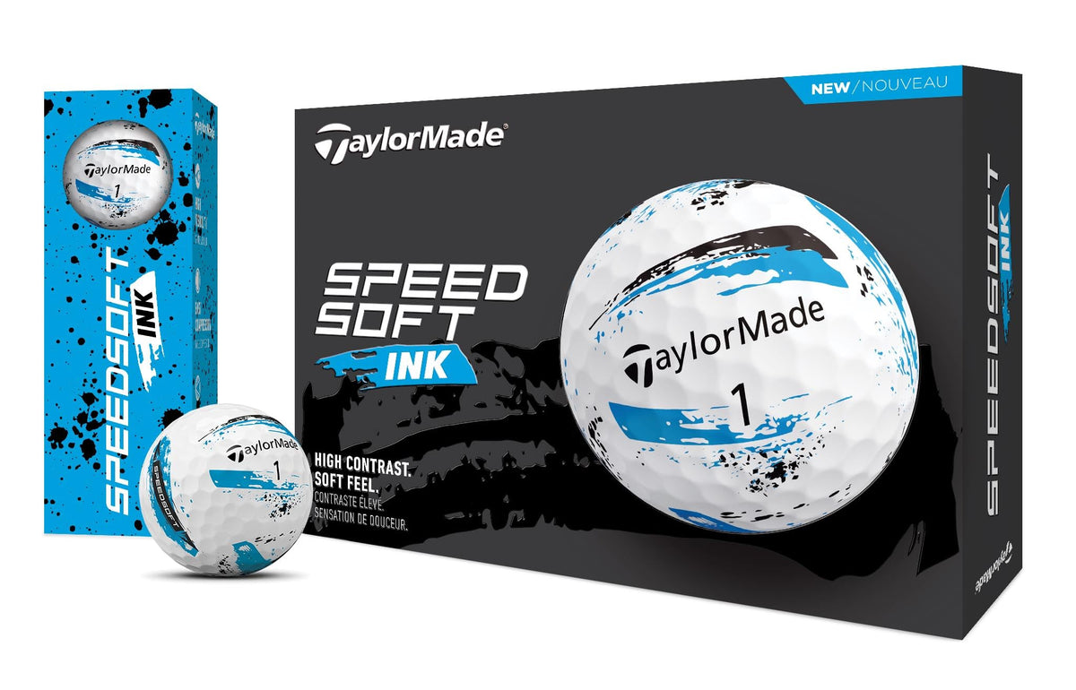 TaylorMade SPEEDSOFT Ink blue ball showcasing ink visual technology and ultra-soft feel.
