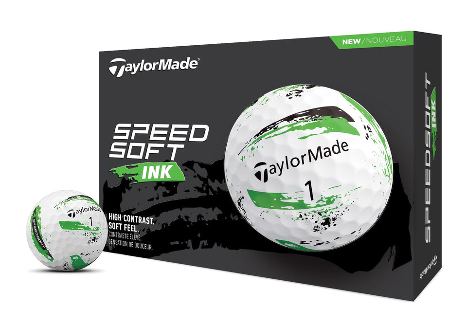 TaylorMade SPEEDSOFT Ink green splash golf balls with bold paint splatter for higher visibility