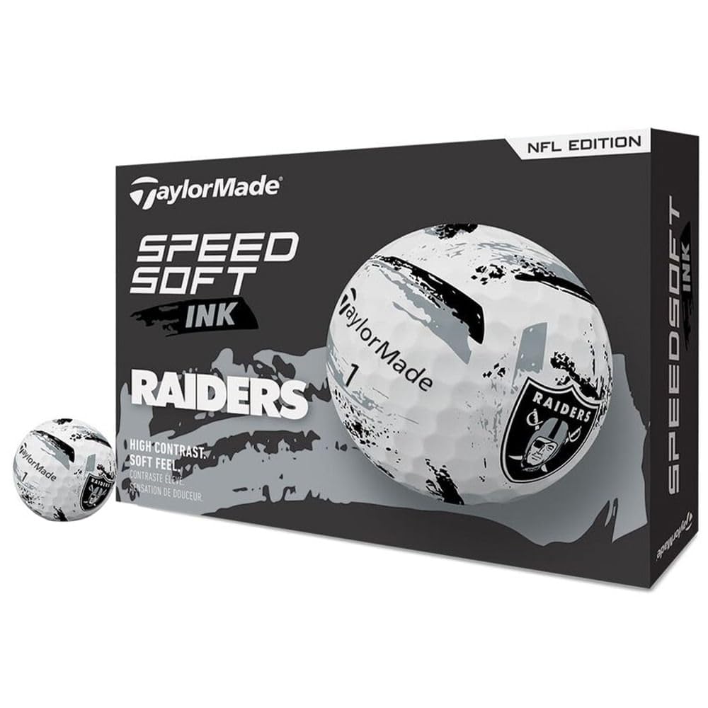 TaylorMade SpeedSoft Ink NFL golf ball featuring Raiders logo for course style and team pride.