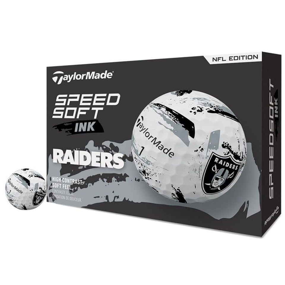 TaylorMade SpeedSoft Ink NFL golf ball featuring Raiders logo for course style and team pride.