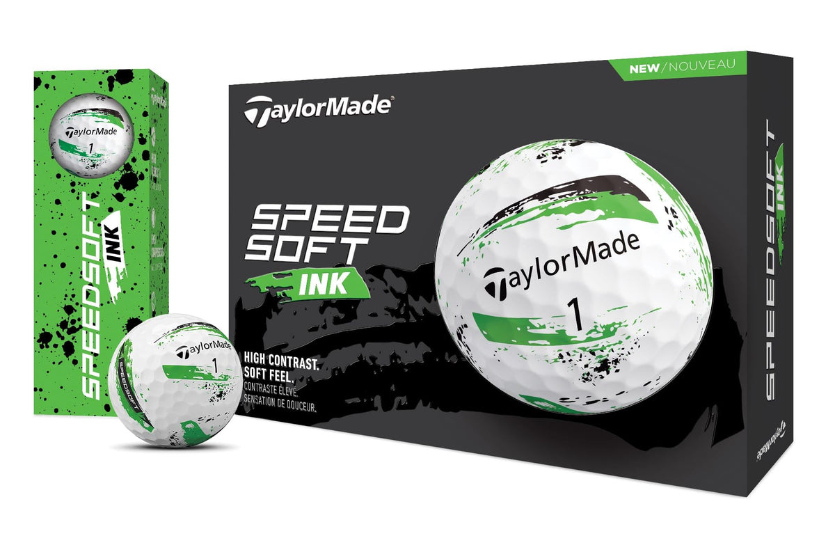 TaylorMade SPEEDSOFT Ink paint-splatter golf balls design for quick alignment