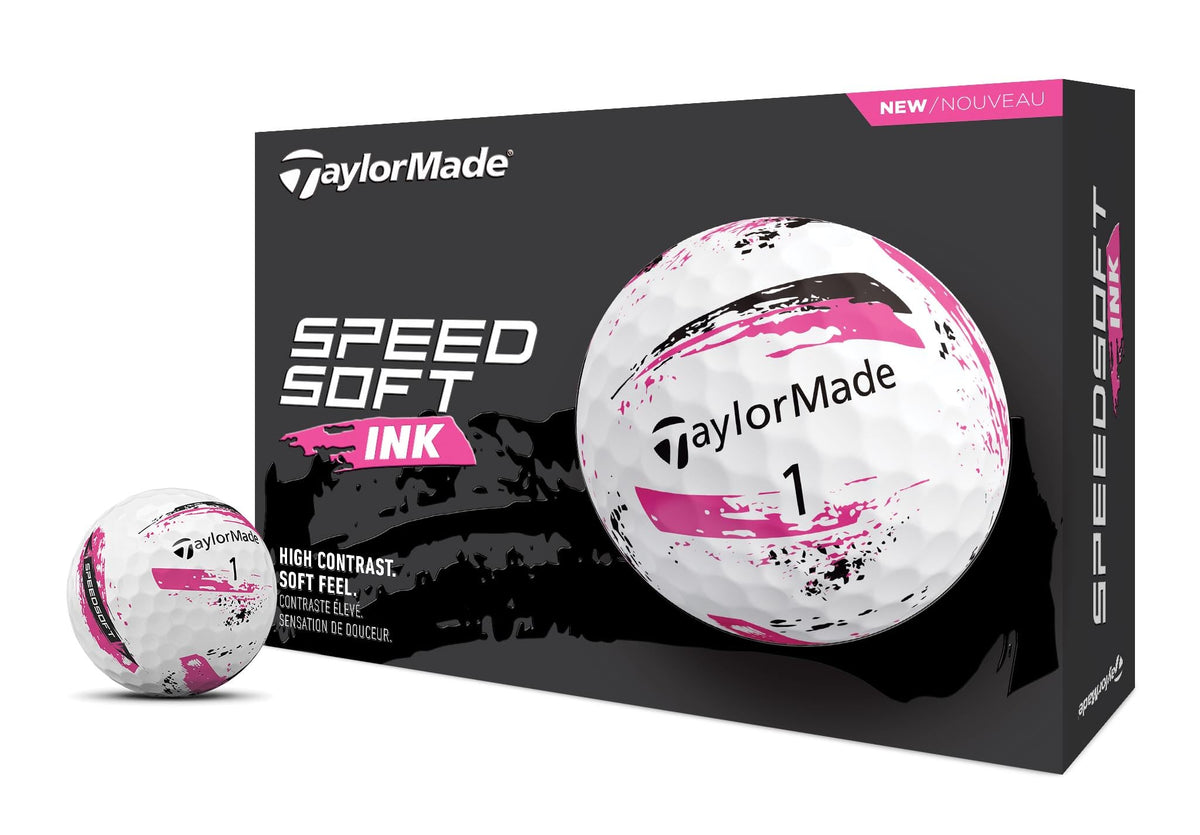TaylorMade SpeedSoft Ink Pink golf ball with vibrant splatter design for easy visibility.
