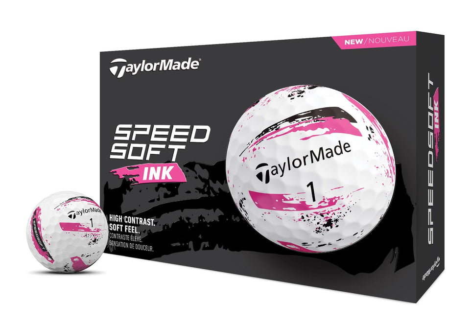 TaylorMade SpeedSoft Ink Pink golf ball with vibrant splatter design for easy visibility.