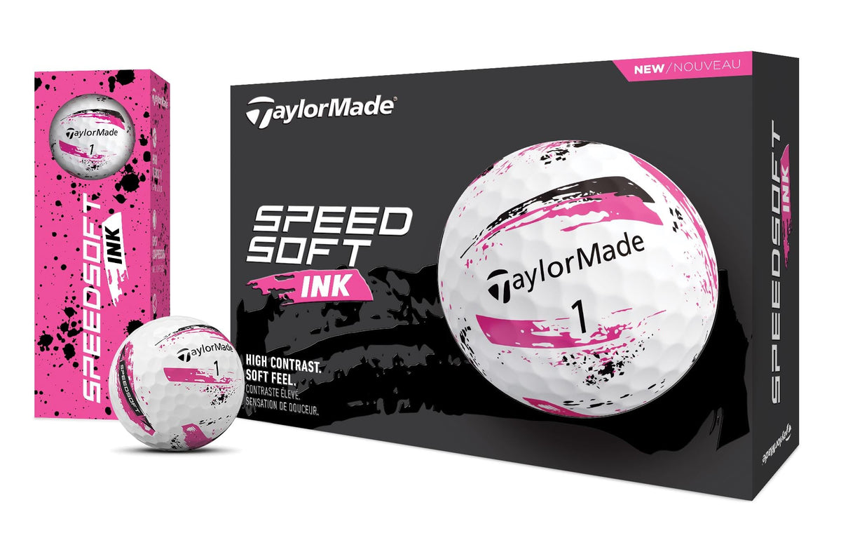 TaylorMade SpeedSoft Ink Pink packaging featuring one dozen recreational golf balls for casual play.